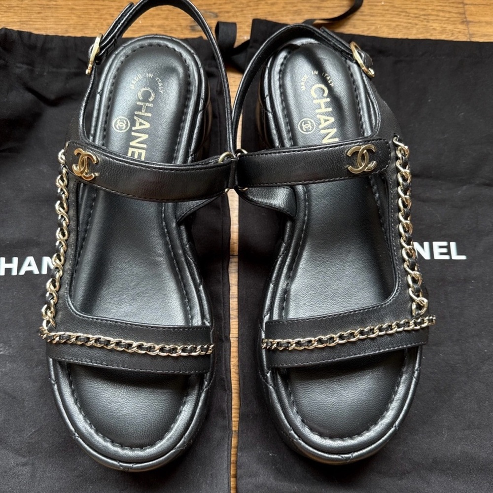 Chanel Black and silver Women's Wedge Sandals Size 40